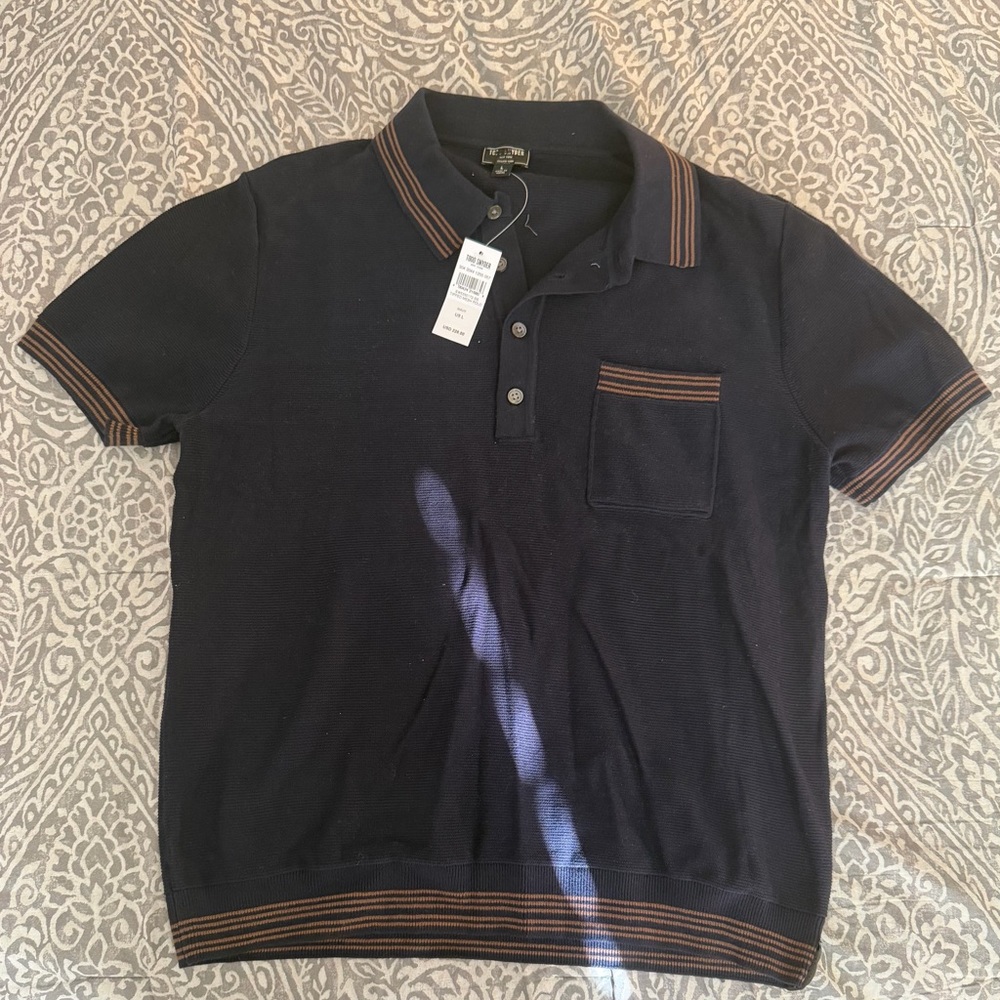 Todd Snyder Navy Polo with Brown Stripe Trim